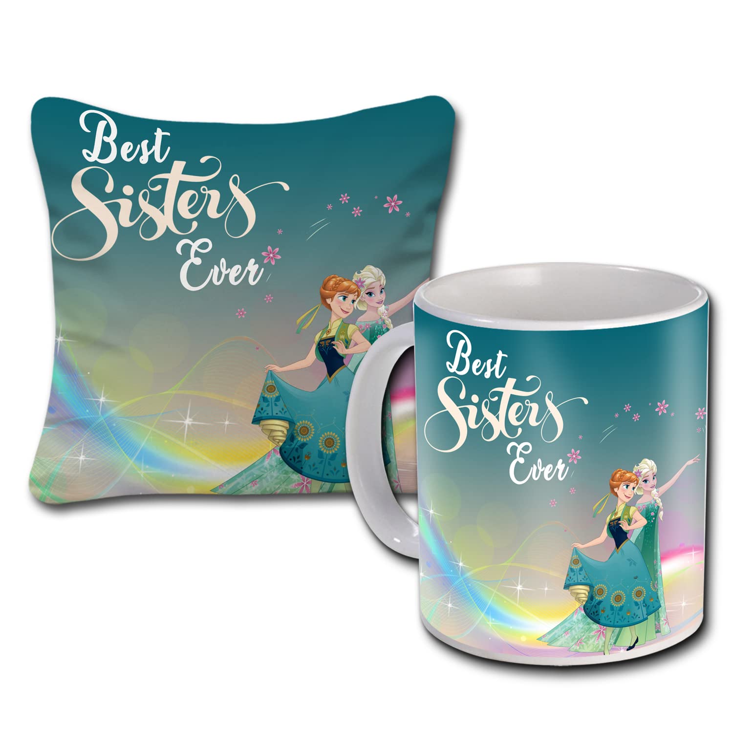 Rakhi Gift for Sister Birthday Anniversary Rakhi Gift Retrun Combo-Printed Coffee Mug Cushion Cover(12x12 Inch) with Filler and Keychain (Green)