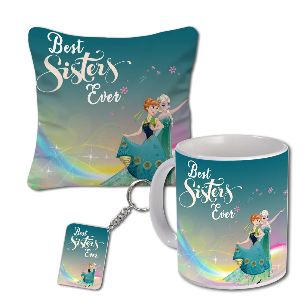 Rakhi Gift for Sister Birthday Anniversary Rakhi Gift Retrun Combo-Printed Coffee Mug Cushion Cover(12x12 Inch) with Filler and Keychain (Green)