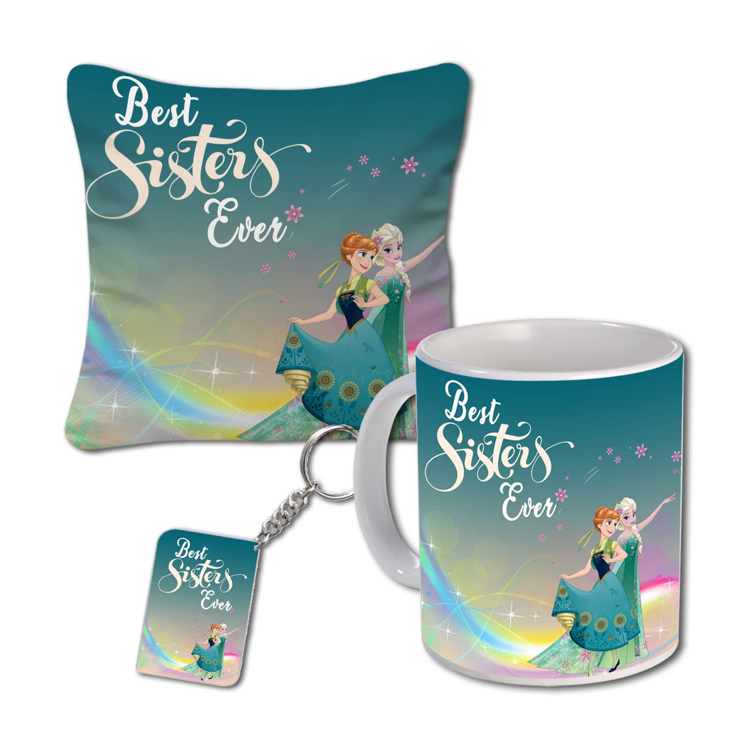 Rakhi Gift for Sister Birthday Anniversary Rakhi Gift Retrun Combo-Printed Coffee Mug Cushion Cover(12x12 Inch) with Filler and Keychain (Green)