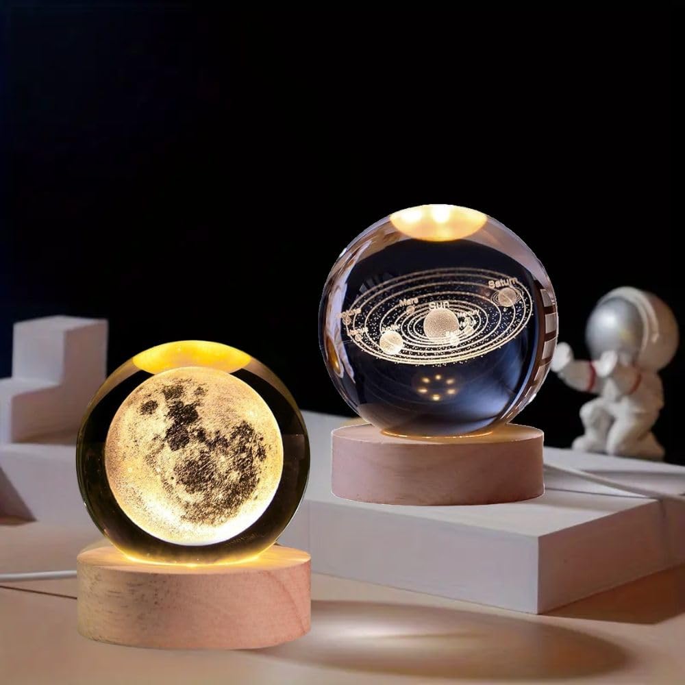 Desidiya Moon Crystal Ball Night Light,2.4 Inch Glass Ball Night LED Lamp with Woodern Base,Decorations Gifts for Men,Women,Kids,Boys,Girls | Gifts for Woman | Valentine Gift for Girlfriends