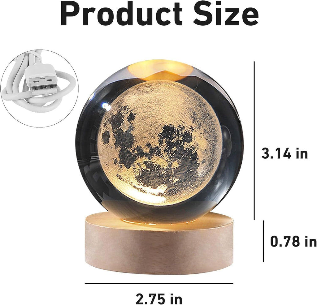 Desidiya Moon Crystal Ball Night Light,2.4 Inch Glass Ball Night LED Lamp with Woodern Base,Decorations Gifts for Men,Women,Kids,Boys,Girls | Gifts for Woman | Valentine Gift for Girlfriends