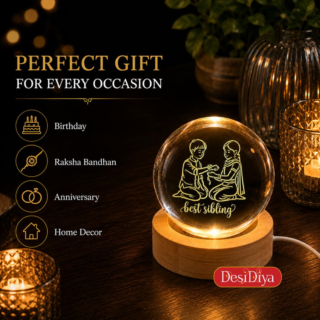 Desidiya Moon Crystal Ball Night Light,2.4 Inch Glass Ball Night LED Lamp with Woodern Base,Decorations Gifts for Men,Women,Kids,Boys,Girls | Gifts for Woman | Valentine Gift for Girlfriends