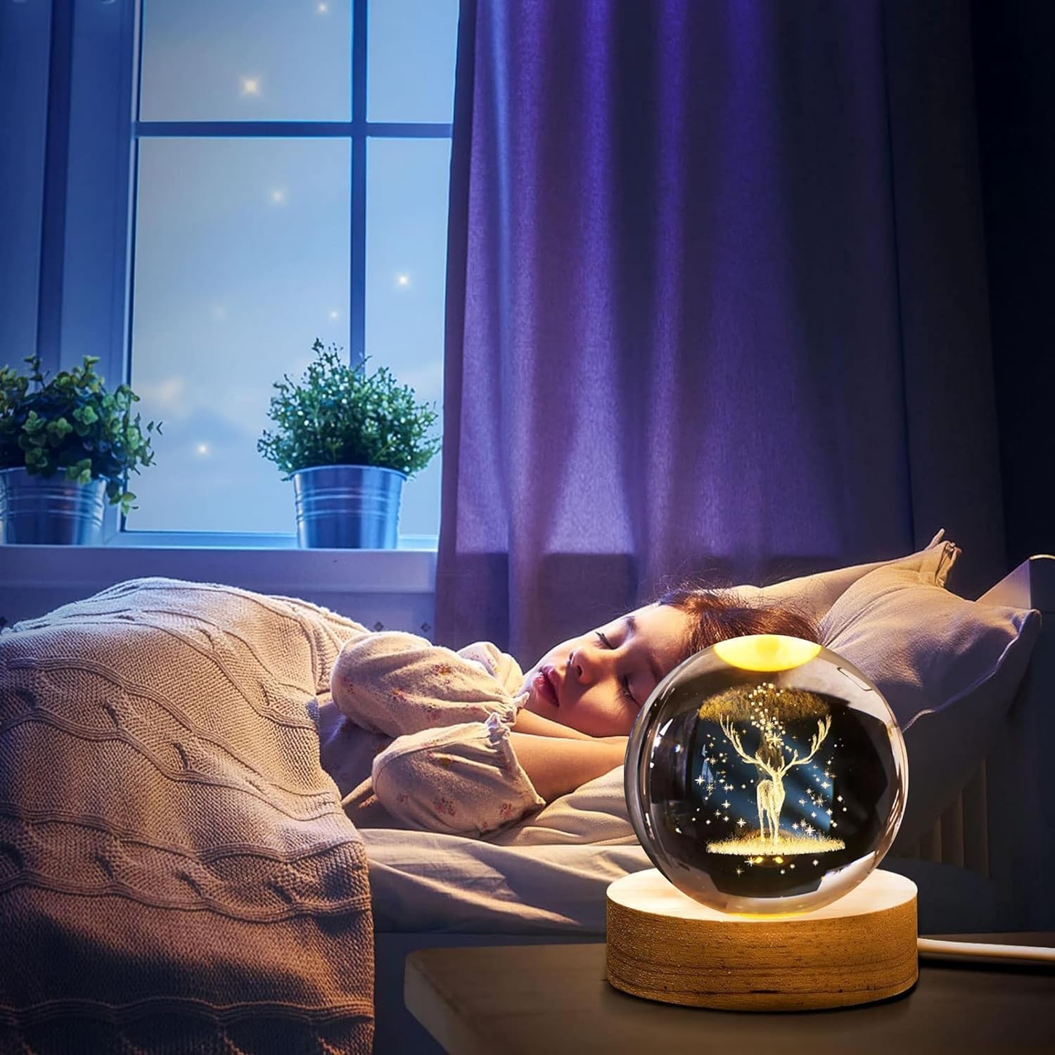 Desidiya Moon Crystal Ball Night Light,2.4 Inch Glass Ball Night LED Lamp with Woodern Base,Decorations Gifts for Men,Women,Kids,Boys,Girls | Gifts for Woman | Valentine Gift for Girlfriends