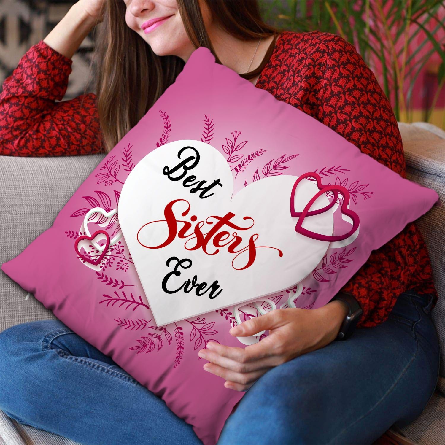 Rakhi Gift for Sister Birthday Anniversary Rakhi Gift Retrun Combo-Printed Coffee Mug Cushion Cover(12x12 Inch) with Filler and Keychain (Green)