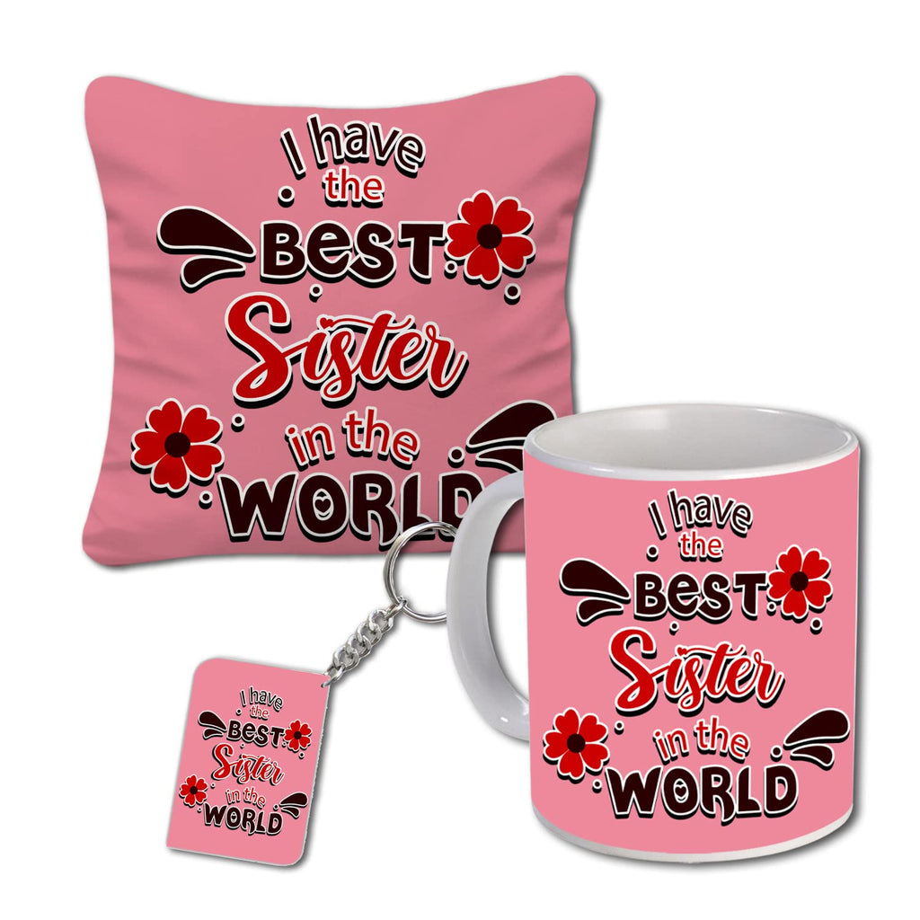 Rakhi Gift for Sister Birthday Anniversary Rakhi Gift Retrun Combo-Printed Coffee Mug Cushion Cover(12x12 Inch) with Filler and Keychain (Green)
