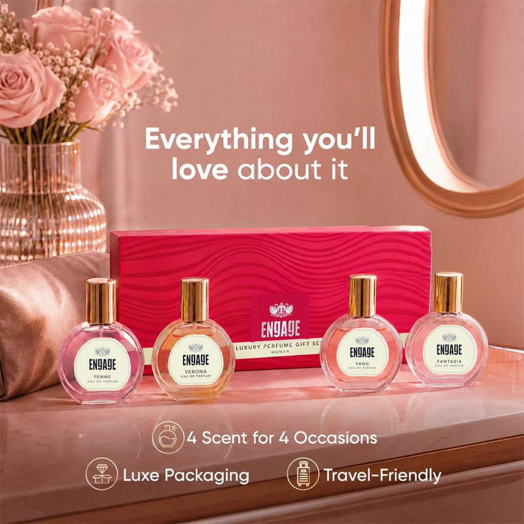 Engage Gift Assorted Luxury Perfume Set for Women 100ml (25ml x 4) | 4 Unique EDP Fragrances | Long Lasting | Travel Size Perfume Combo|Birthday, Anniversary | No Paraben |Dermat-Tested