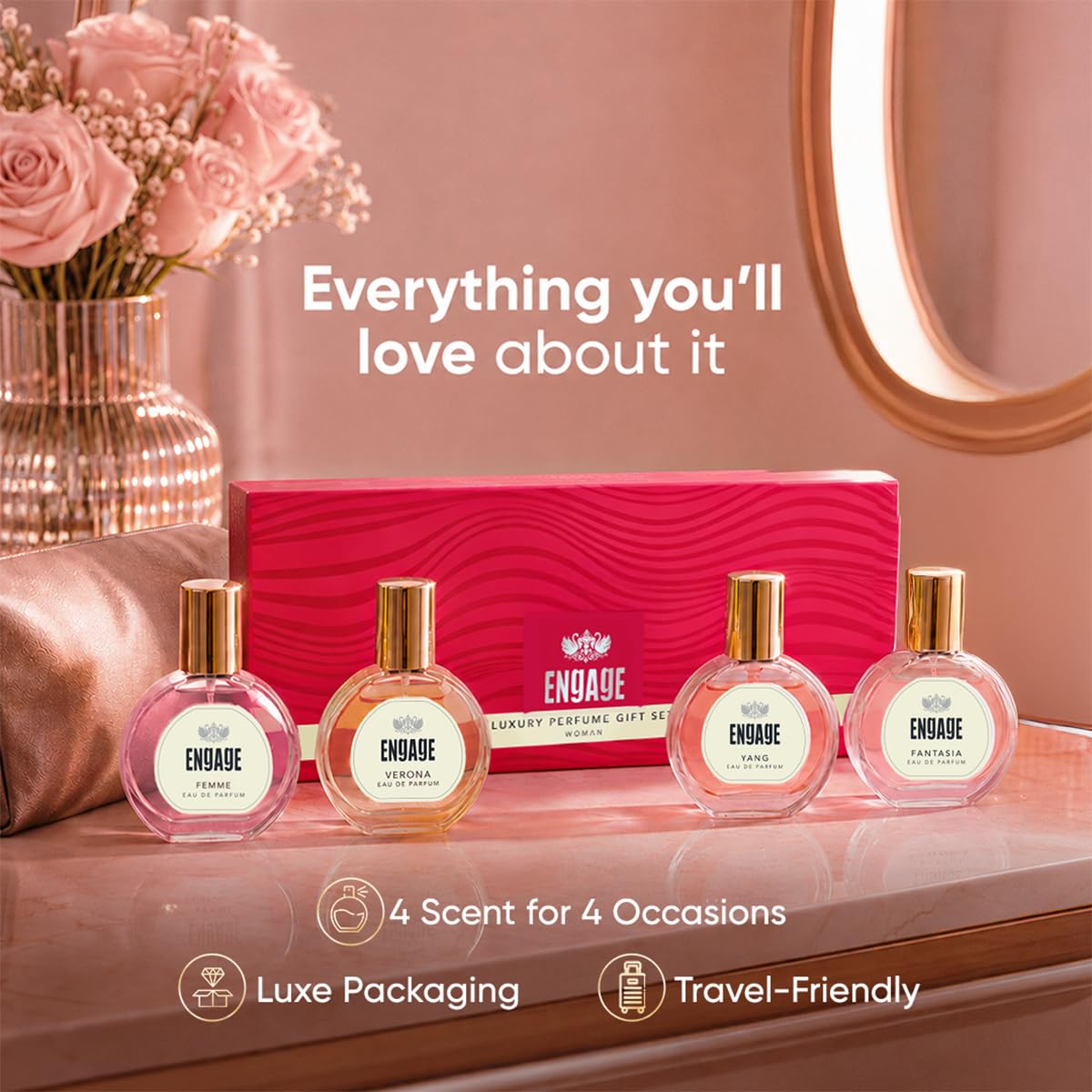 Engage Gift Assorted Luxury Perfume Set for Women 100ml (25ml x 4) | 4 Unique EDP Fragrances | Long Lasting | Travel Size Perfume Combo|Birthday, Anniversary | No Paraben |Dermat-Tested