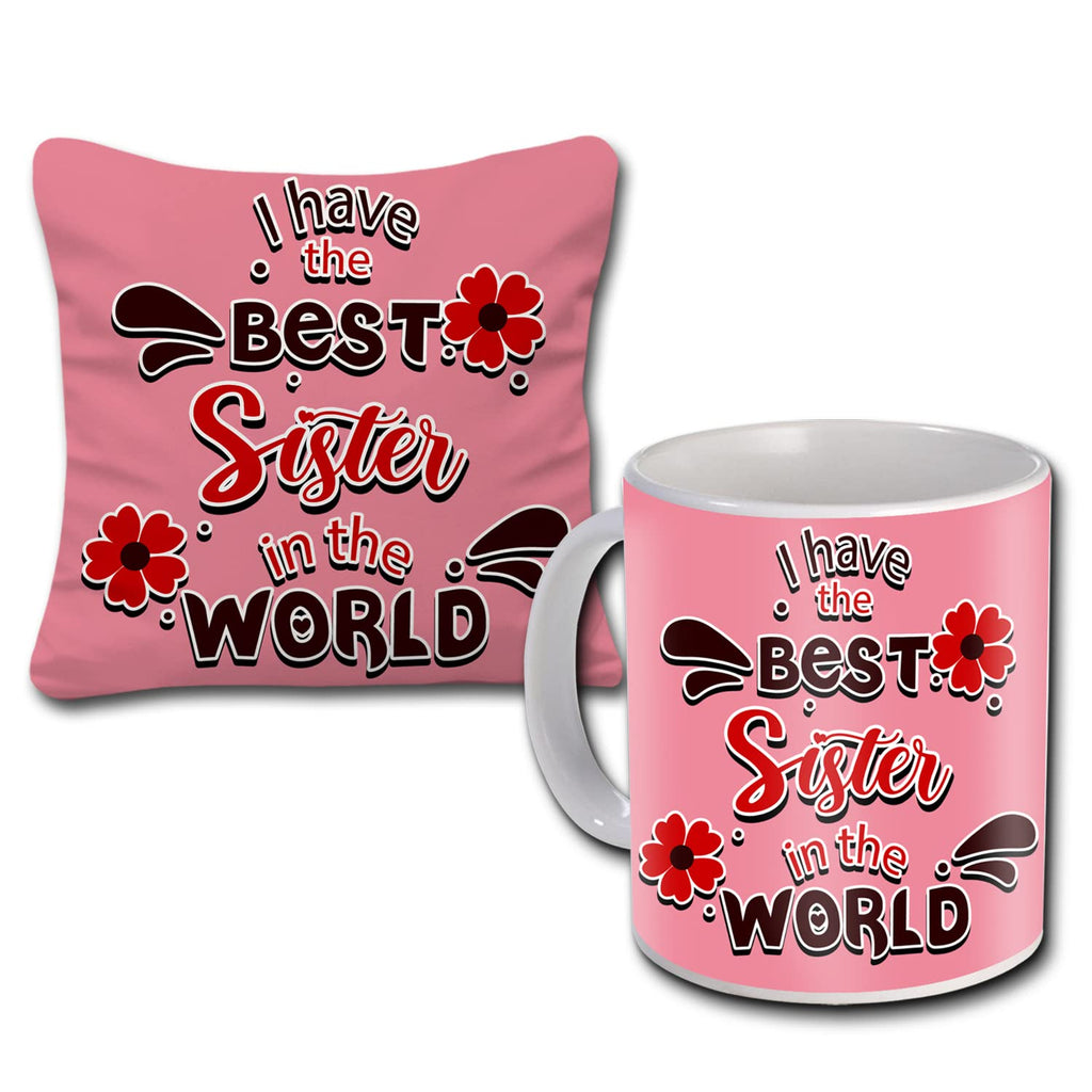 Rakhi Gift for Sister Birthday Anniversary Rakhi Gift Retrun Combo-Printed Coffee Mug Cushion Cover(12x12 Inch) with Filler and Keychain (Green)