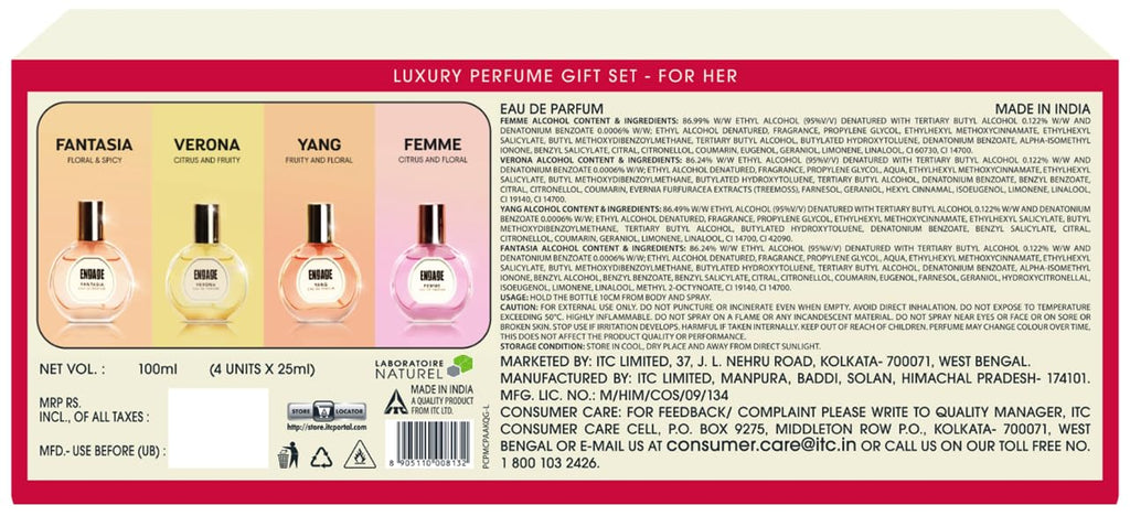 Engage Gift Assorted Luxury Perfume Set for Women 100ml (25ml x 4) | 4 Unique EDP Fragrances | Long Lasting | Travel Size Perfume Combo|Birthday, Anniversary | No Paraben |Dermat-Tested