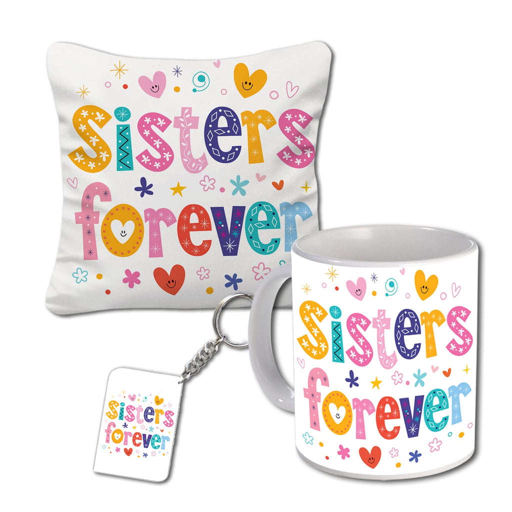 Rakhi Gift for Sister Birthday Anniversary Rakhi Gift Retrun Combo-Printed Coffee Mug Cushion Cover(12x12 Inch) with Filler and Keychain (Green)