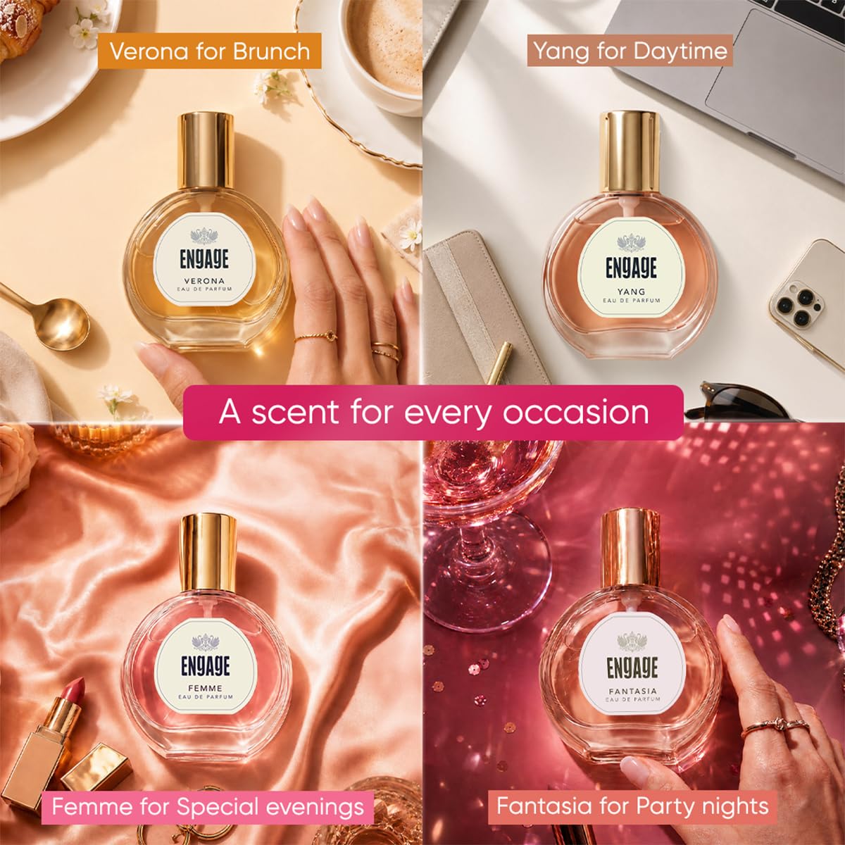 Engage Gift Assorted Luxury Perfume Set for Women 100ml (25ml x 4) | 4 Unique EDP Fragrances | Long Lasting | Travel Size Perfume Combo|Birthday, Anniversary | No Paraben |Dermat-Tested