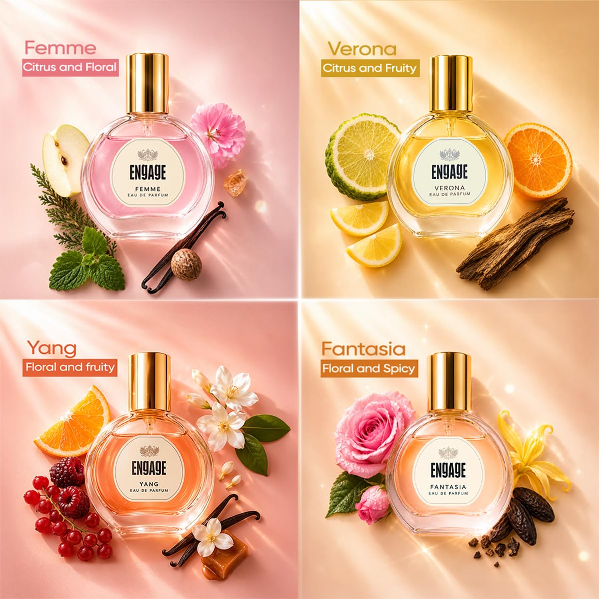 Engage Gift Assorted Luxury Perfume Set for Women 100ml (25ml x 4) | 4 Unique EDP Fragrances | Long Lasting | Travel Size Perfume Combo|Birthday, Anniversary | No Paraben |Dermat-Tested