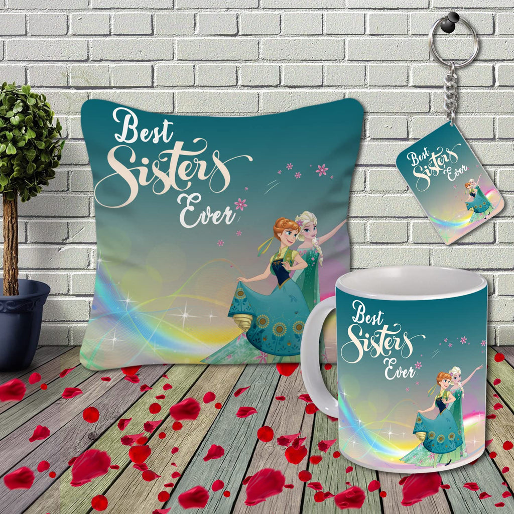Rakhi Gift for Sister Birthday Anniversary Rakhi Gift Retrun Combo-Printed Coffee Mug Cushion Cover(12x12 Inch) with Filler and Keychain (Green)