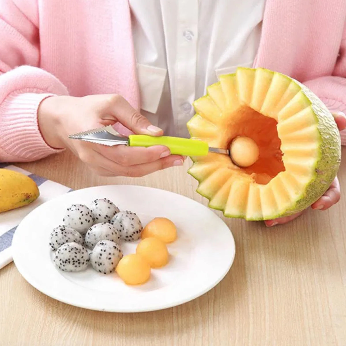 7031 Multifunctional Stainless Steel Fruit Vegetable Pattern Carving Knife Peeler Corer Spherical Dig Ball Scoop Garnishing Dig Ball Spoon Kit.